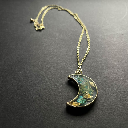 Moon Wildflower, Gold Leaf & Moss Necklace